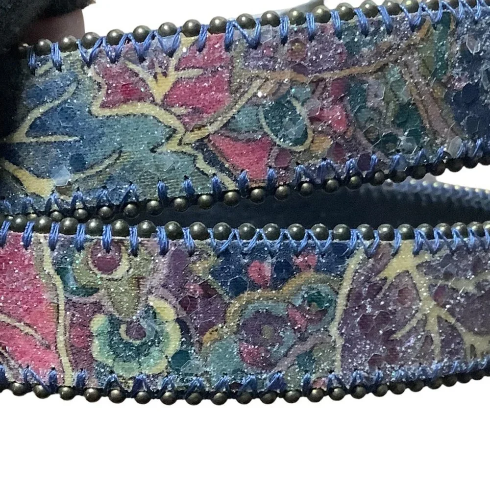 Vtg Floral‎ Tapestry Beaded Edge Belt Medium Large 80s Flower Faux Vegan Leather